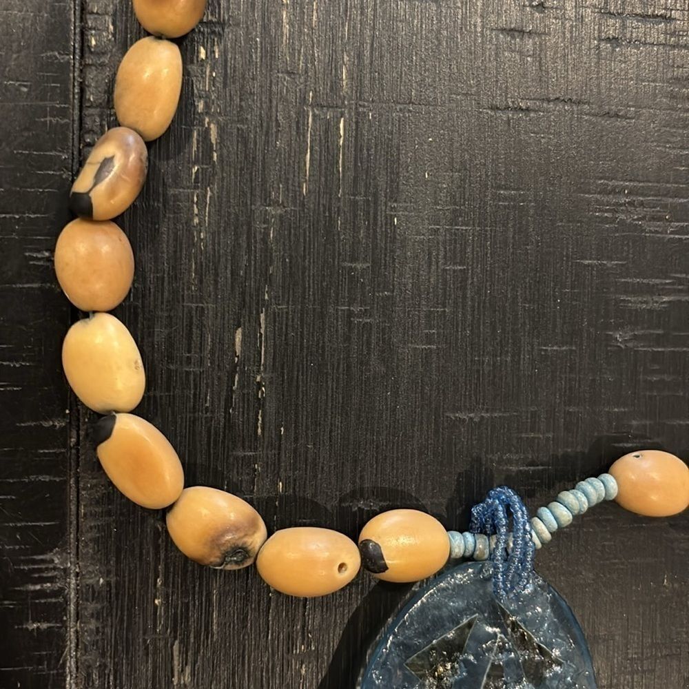 Unique Inlayed Oval Chunky Large Charm Wood Beaded Boho Necklace Navajo - Picture 4 of 7